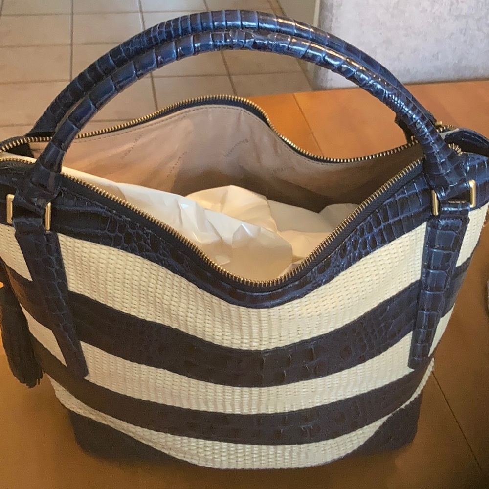 Brahmin Navy and Straw Tote Bag